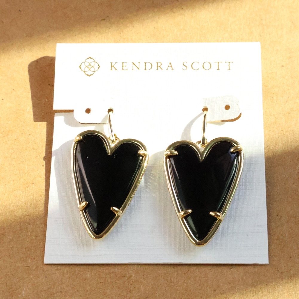 NEW Kendra Scott Ansley Heart Gold Black Obsidian Drop Earrings
